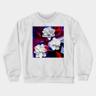 White Flowers on Red and Blue Crewneck Sweatshirt